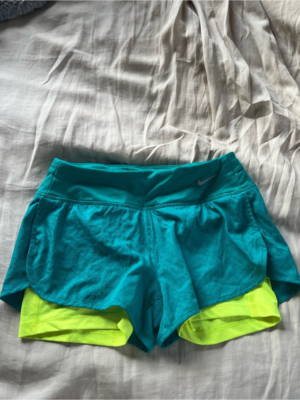 Nike Women's Teal & Neon Yellow Athletic Running Shorts